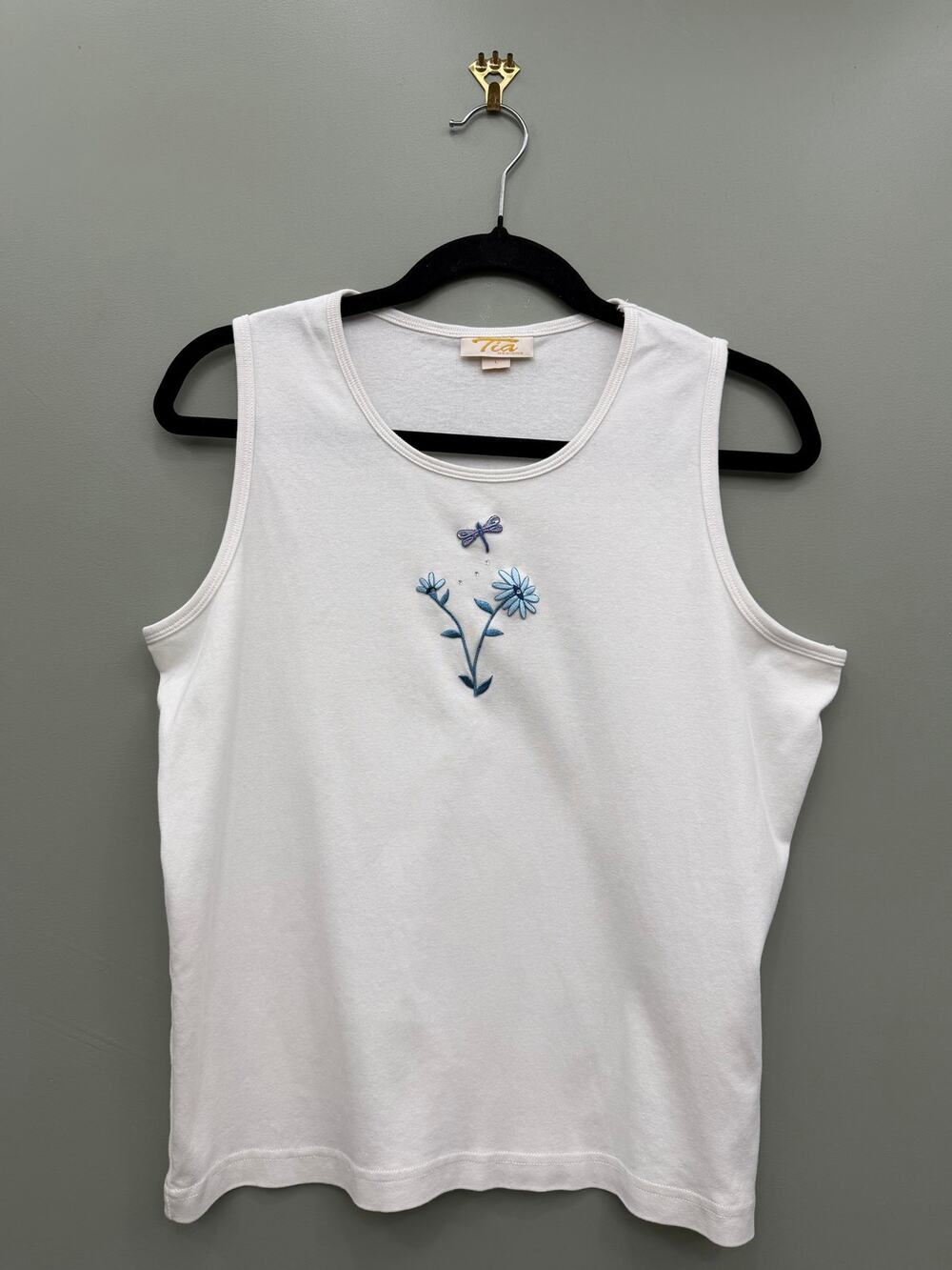 TIA Designs Embroidered Dragonfly Floral Tank Top 100% Cotton L